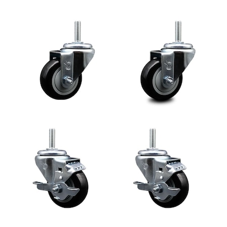 Service Caster 3 Inch Black Polyurethane Wheel Swivel 58 Inch Threaded Stem Caster Set 2 Brakes SCC SCC-TS20S314-PPUB-BLK-58212-2-TLB-2